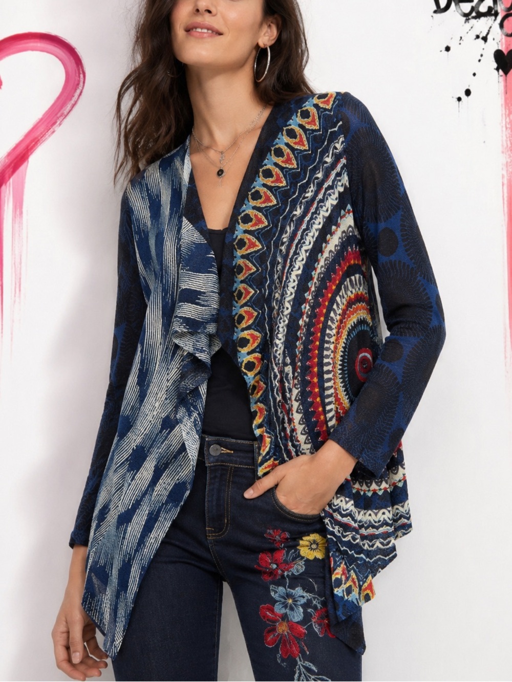Desigual Tiana Waterfall Cardigan L Asymmetrical Art Print Boho
